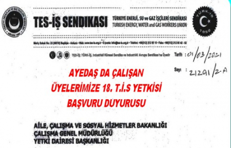 AYEDAŞ 18.DÖNEM TİS YETKİSİ BAŞVURU DUYURUSU