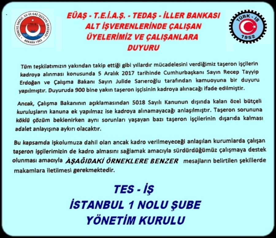 TAŞERONA KADRO DİLEKÇE DUYURUSU
