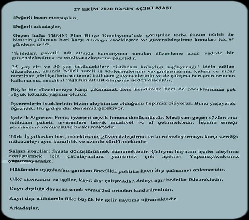 TÜRK İŞ  İN DUYURUSU
