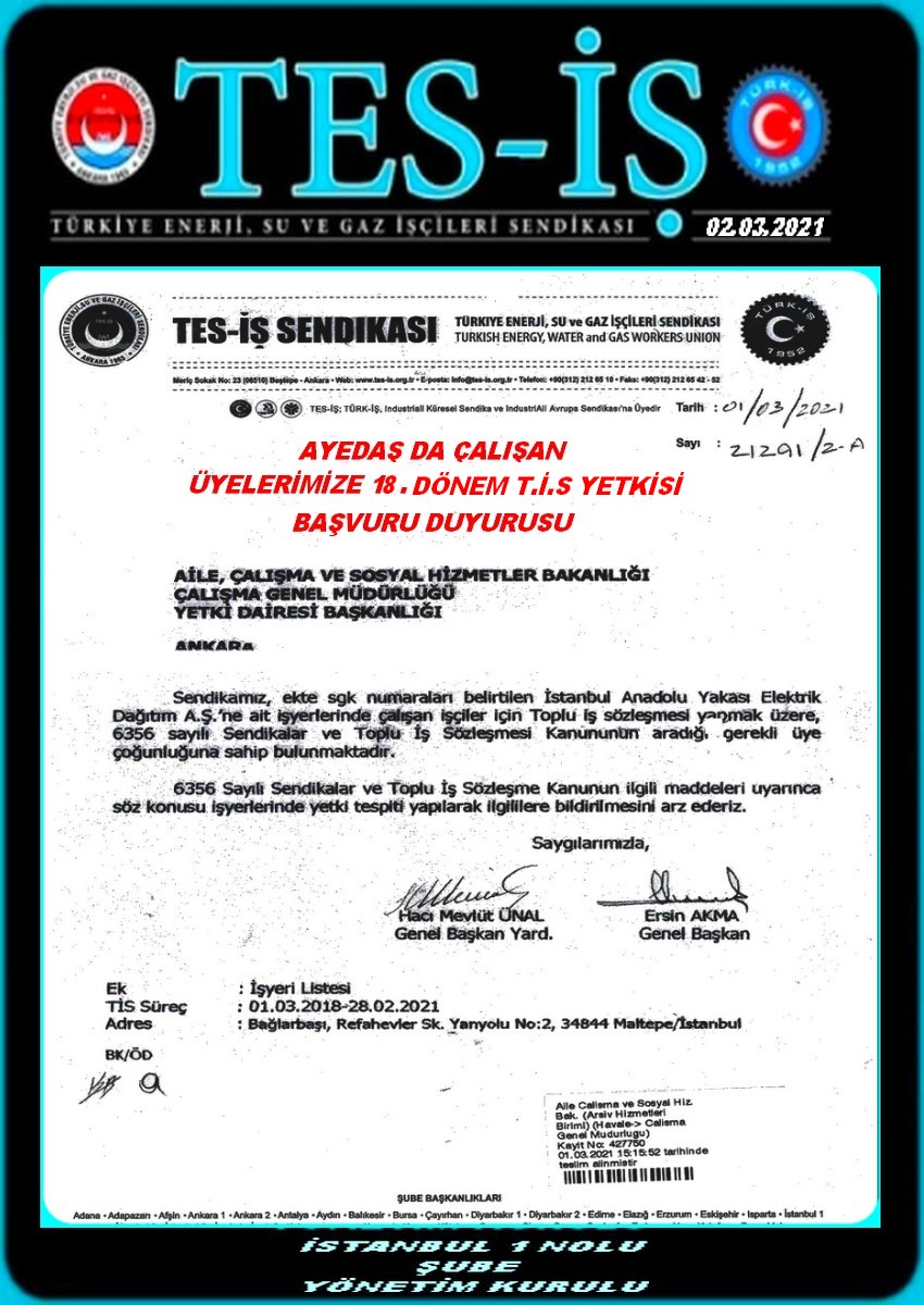 AYEDAŞ 18.DÖNEM TİS YETKİ BAŞVURU DUYURUSU