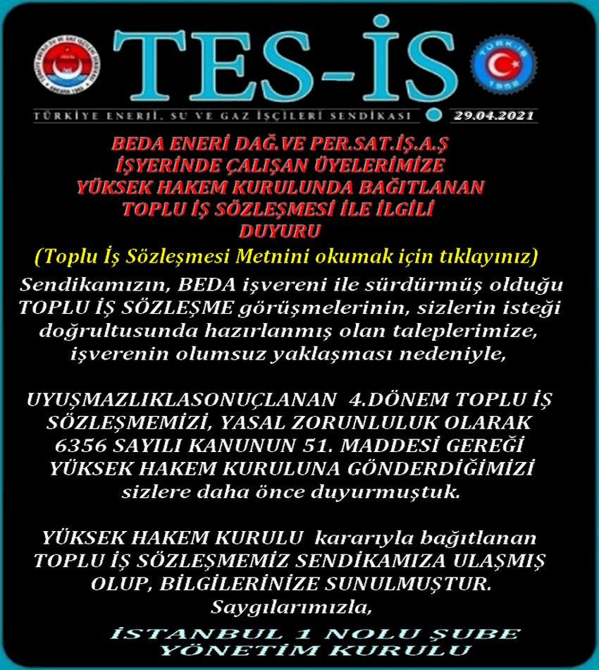BEDA 4.DÖNEM TİS DUYURUSU