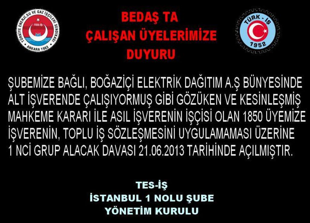 BEDAŞ 1.GRUP DAVA DUYURUSU