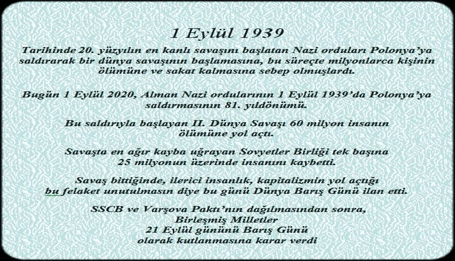 1 EYLÜL  DÜNYA BARIŞ GÜNÜ