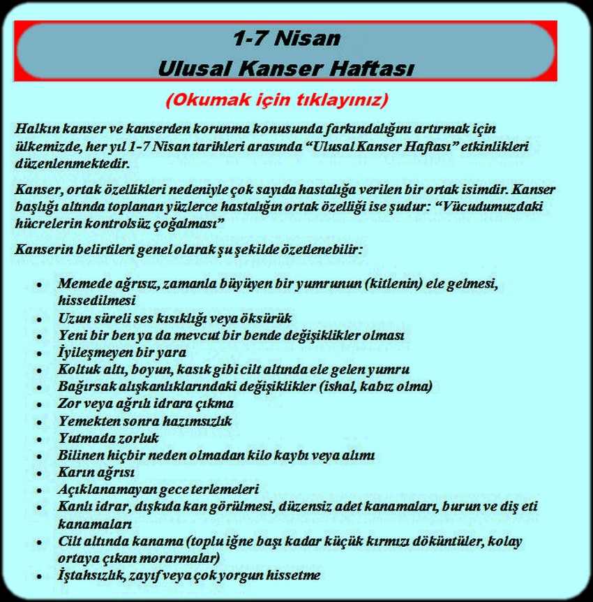 1 - 7  NİSAN ULUSAL KANSER HAFTASI