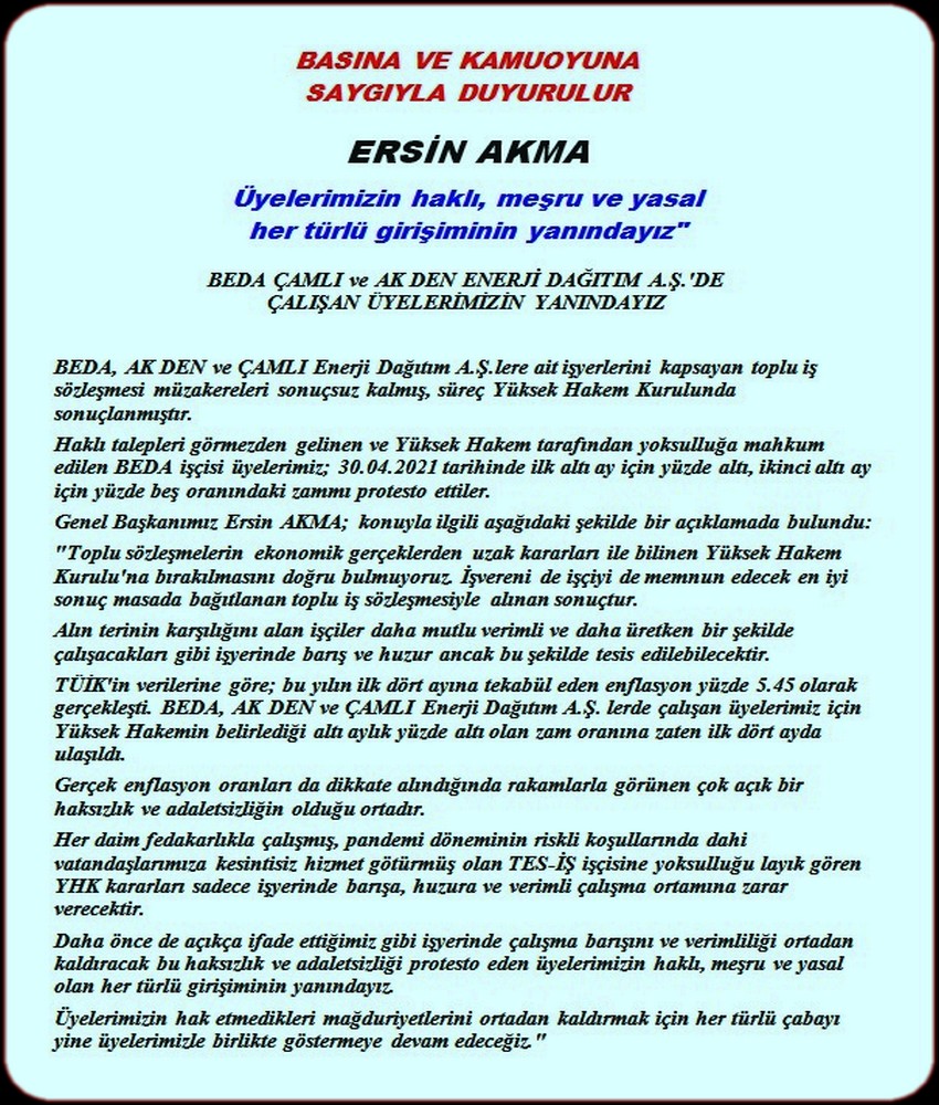 ERSİN AKMANIN DUYURUSU