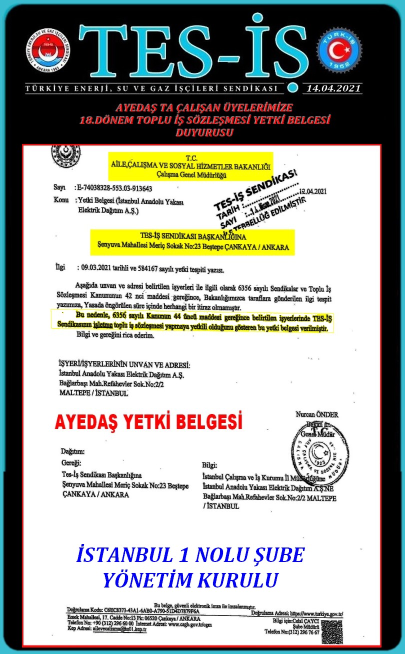 AYEDAŞ YETKİ DUYURUSU