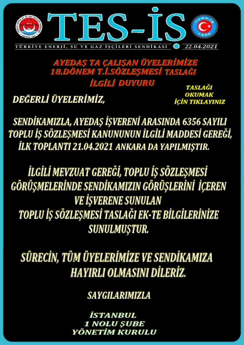 AYEDAŞ 18.DÖNEM TİS YETKİ BAŞVURU DUYURUSU