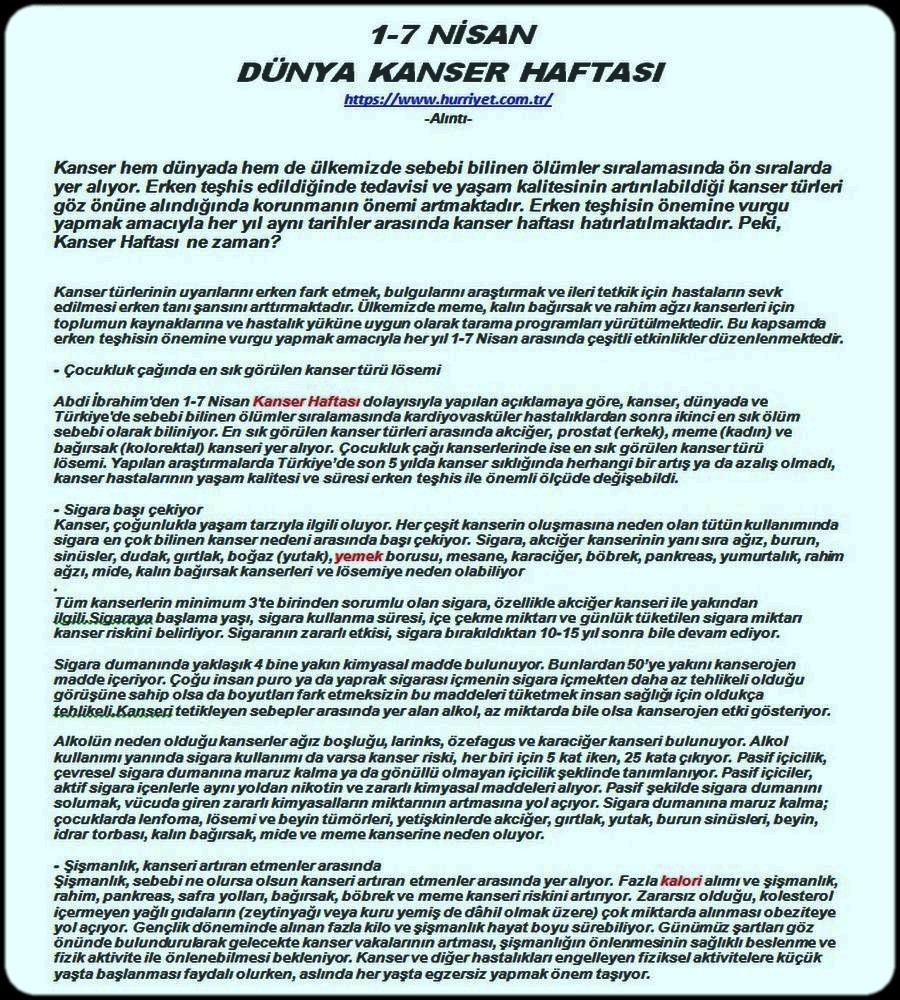 1-7 NİSAN DÜNYA KANSER HAFTASI